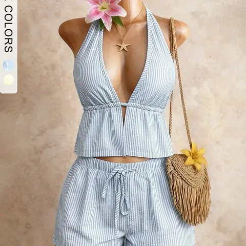 Women's Striped Halter Top and Shorts Set, Boho Beach, Deep V Neck Drawstring Design, Casual Vacation Wear, 2 Piece Set.Pijamas De Onesie .2 piece sets Cosas Para Parejas Ntimas  Women's Suits & Sets Shorts Sets Outfits