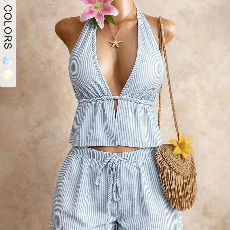 Women's Striped Halter Top and Shorts Set, Boho Beach, Deep V Neck Drawstring Design, Casual Vacation Wear, 2 Piece Set.Pijamas De Onesie .2 piece sets Cosas Para Parejas Ntimas Women's Suits & Sets Shorts Sets Outfits