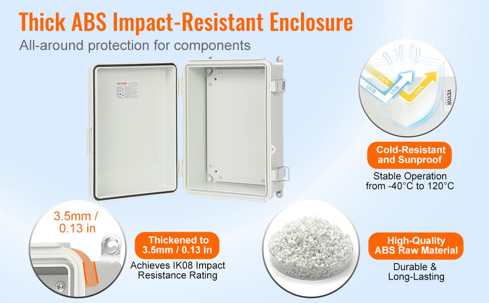 VEVOR Outdoor Electrical Junction Box, 16.93x 12.99x 7.09 in, ABS Plastic Electrical Enclosure Box with Hinged Cover Stainless Steel Latch, IP67 Dustproof Waterproof for Outdoor Electrical Projects