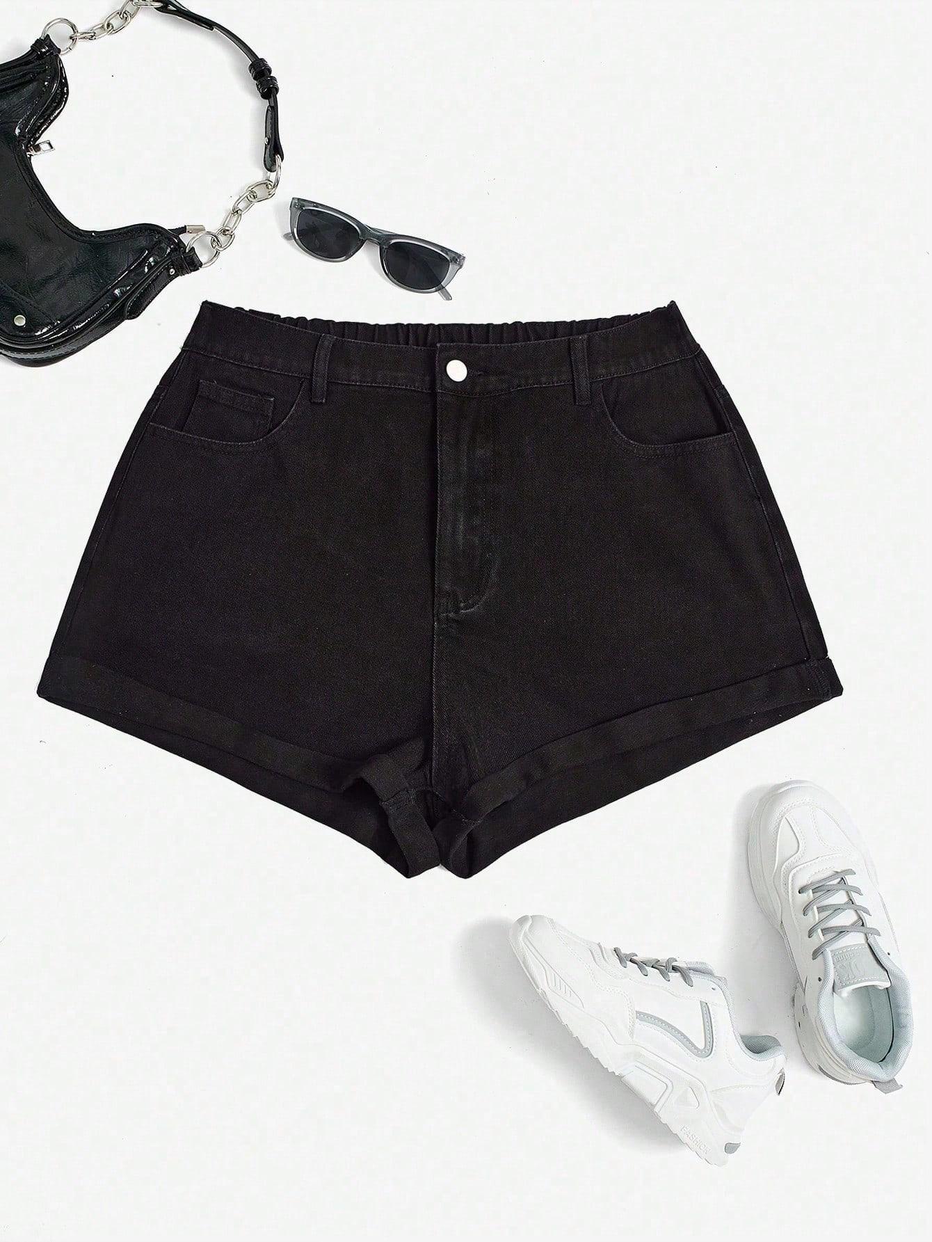 Women's Plus Size Basic Washed Denim Shorts, Denim Mom Shorts, Cuffed Denim Shorts, Folded Hem, Casual Summer Wear, Comfortable and Stylish, Perfect for Daily Use