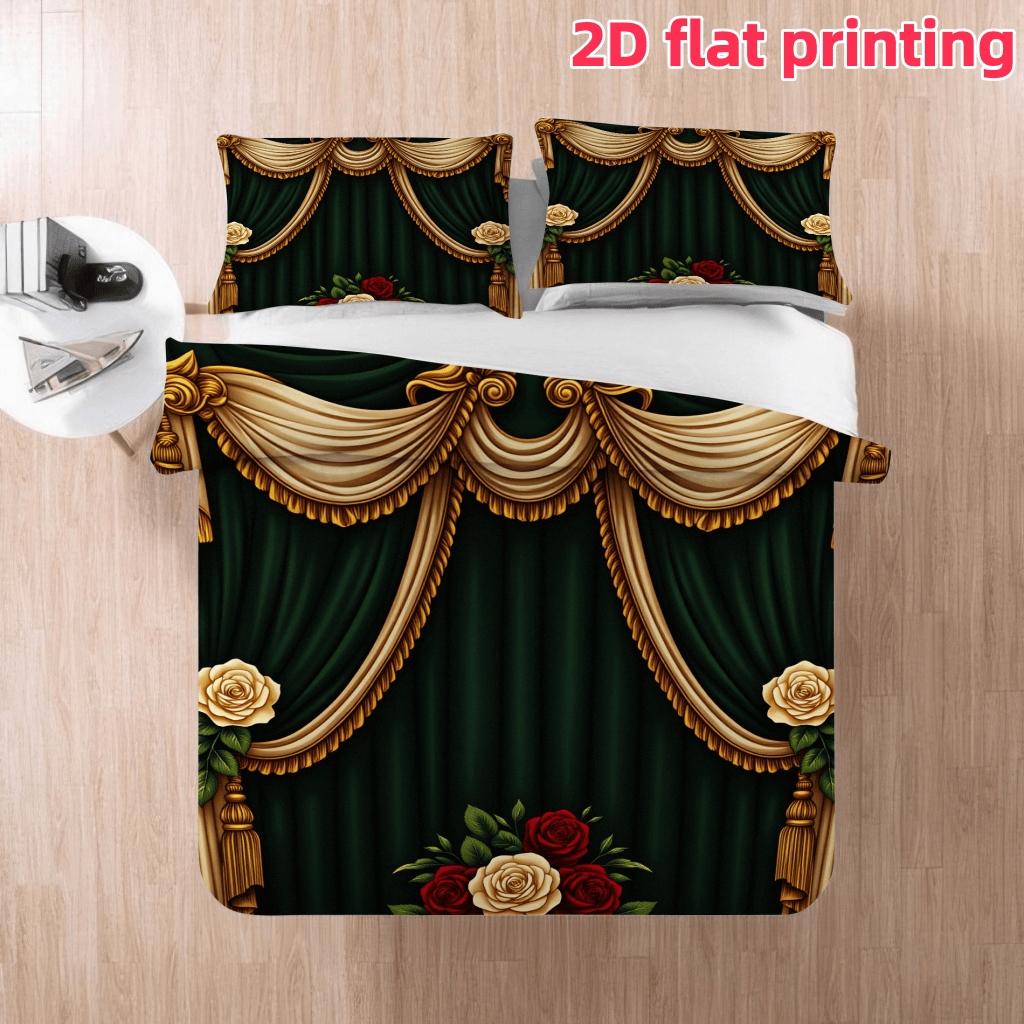 2D Flat 3Pcs Elegant Emerald Green Drapes Duvet Cover with Golden Swags ...