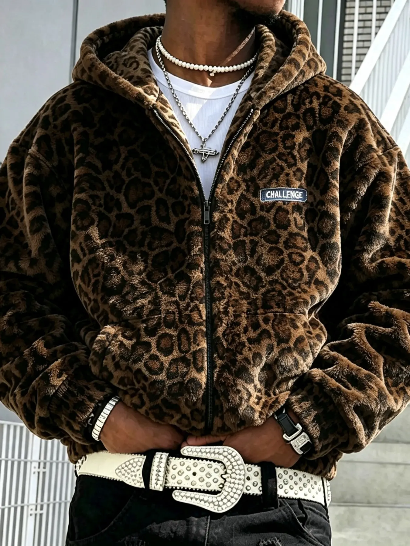 Men's Leopard Print Fuzzy Zipper Hoodie, Soft Plush Loose Fit Hooded Jacket, Y2K Street Style Casual Outerwear, Trendy Men's Fashion