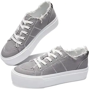 Obtaom Women Platform Canvas Sneakers White Comfort Play Fashion Sneakers Casual Lift Platform Lace Up Shoes Cute Low Top Walking Shoes for Lady