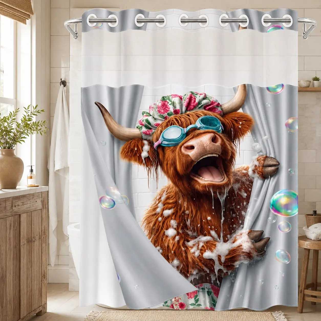1PC 2D Flat Funny Highland Cow Taking a Shower, Goggles & Bubble Pattern Double-Layer Woven Shower Curtain, No Hooks, Transparent Top Window, Removable Snap-On Liner, Farmhouse Animal Bathroom Art Decor, Bathroom & Holiday Decoration