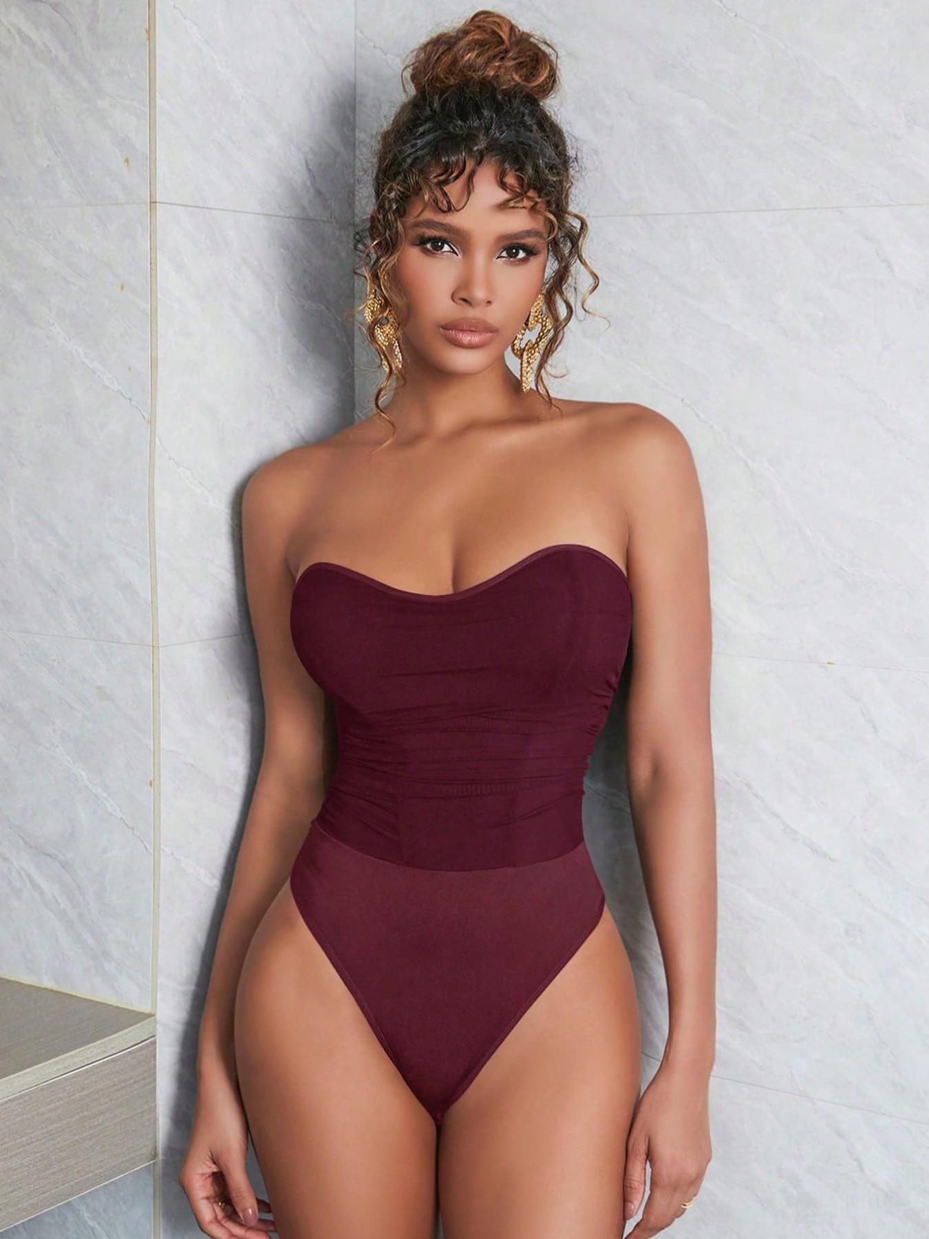 Women's Ruched Corset Bodysuit Sexy Mesh Semi-sheer, Heart Neck High Waist Tummy-Control Cheeky Strapless Bodysuit, Clubwear Party Night Out Top, A little See Through, Runs Small