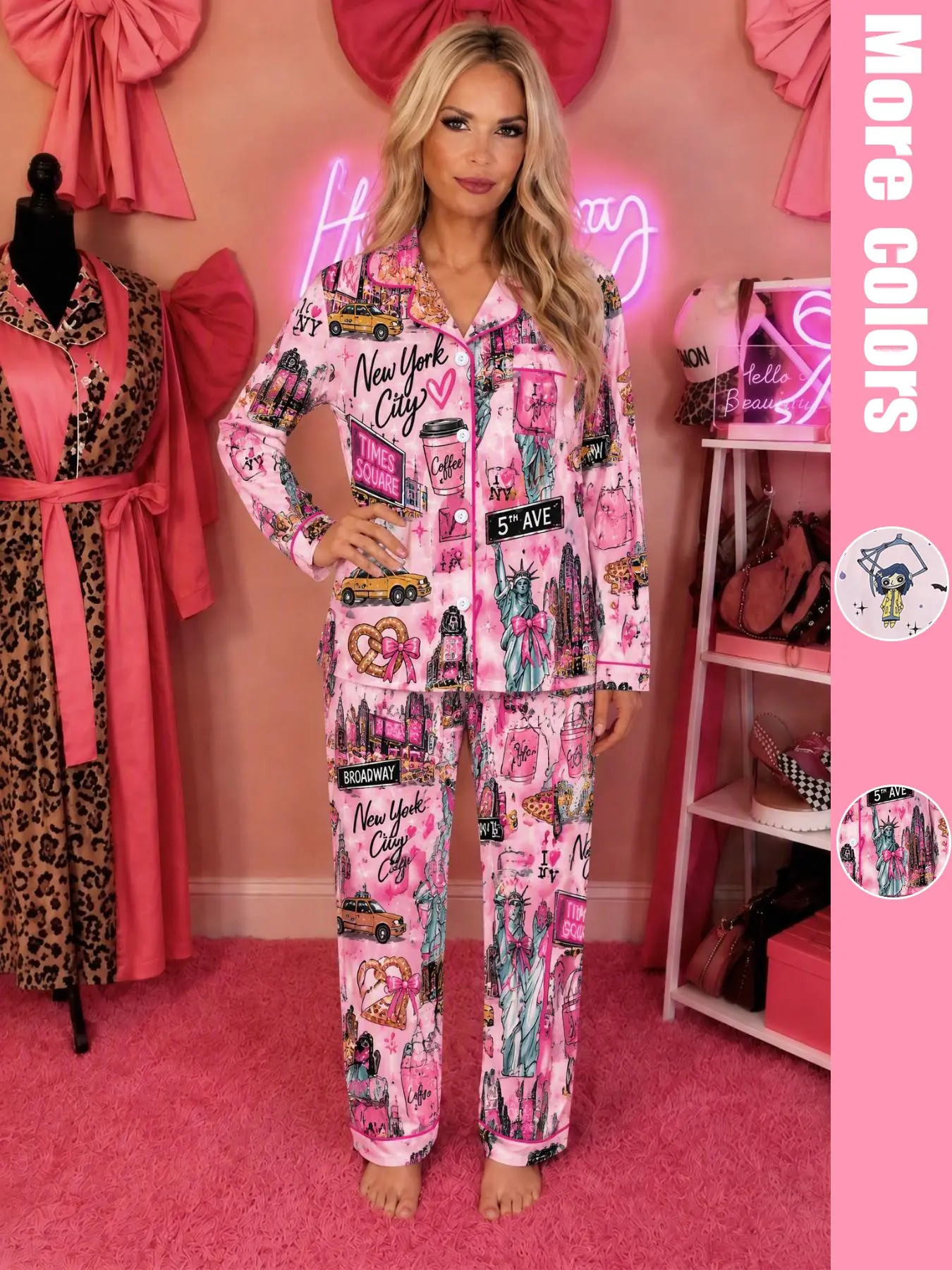 Women's Statue of Liberty Print Pajama Set, Fitted Long Sleeve & Pants, Soft Knit Stretch Fabric, Casual Home Wear