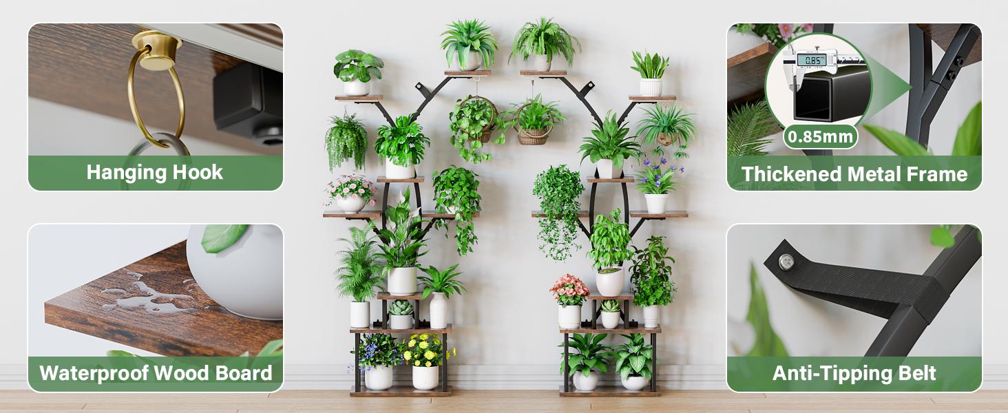63" Metal 7 Tiered Plant Stand with Grow Lights, Tall Plant Display Rack Organiser for Hanging Plants, Large Plant Flower Holder Shelf for Indoor & Outdoor Nature-Decor