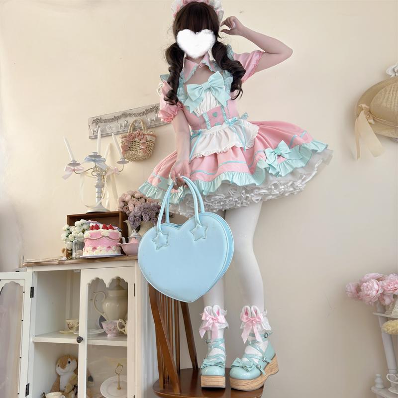 Women's Anime Lolita Maid Dress Set - Sweet Puff Sleeve with Bow, Apron Included, Gothic Clothes for Halloween Cosplay Party, Lady Fashion Accessories