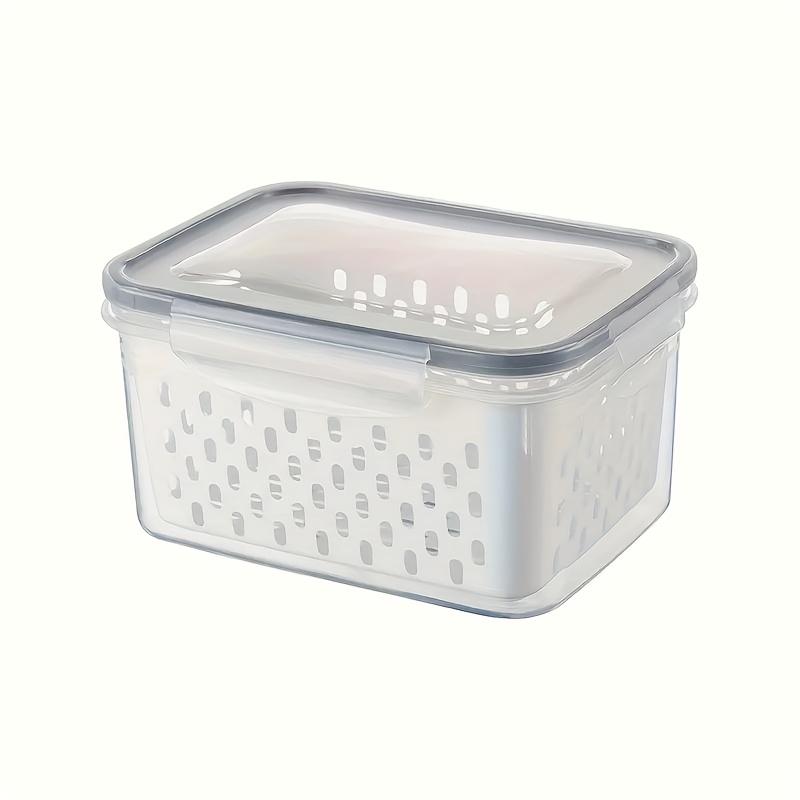 Stackable refrigerator storage container with removable drain basket. Suitable for kitchen storage containers made with BPA-free polypropylene Kitchen Drain Fresh Fruits and Vegetables Grocery Seal Moisture Resistant