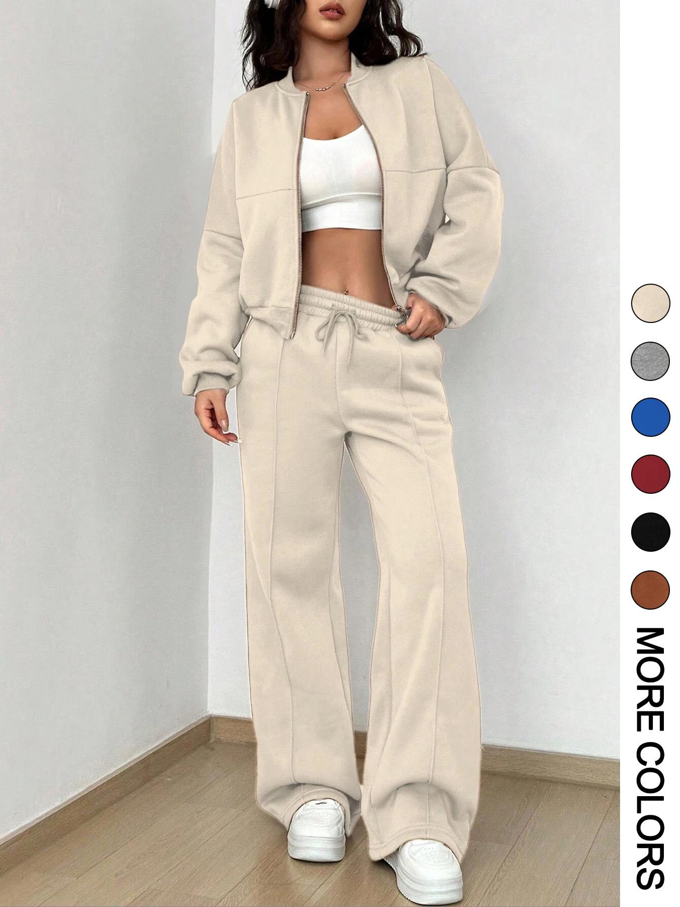 Women's Solid Zip Up Crop Jacket & Drawstring Waist Pants Two-piece Set, Casual Fashion Drop Shoulder Long Sleeve Top & High Waist Trousers for Daily Outdoor Wear, Women's Clothing for Spring & Fall