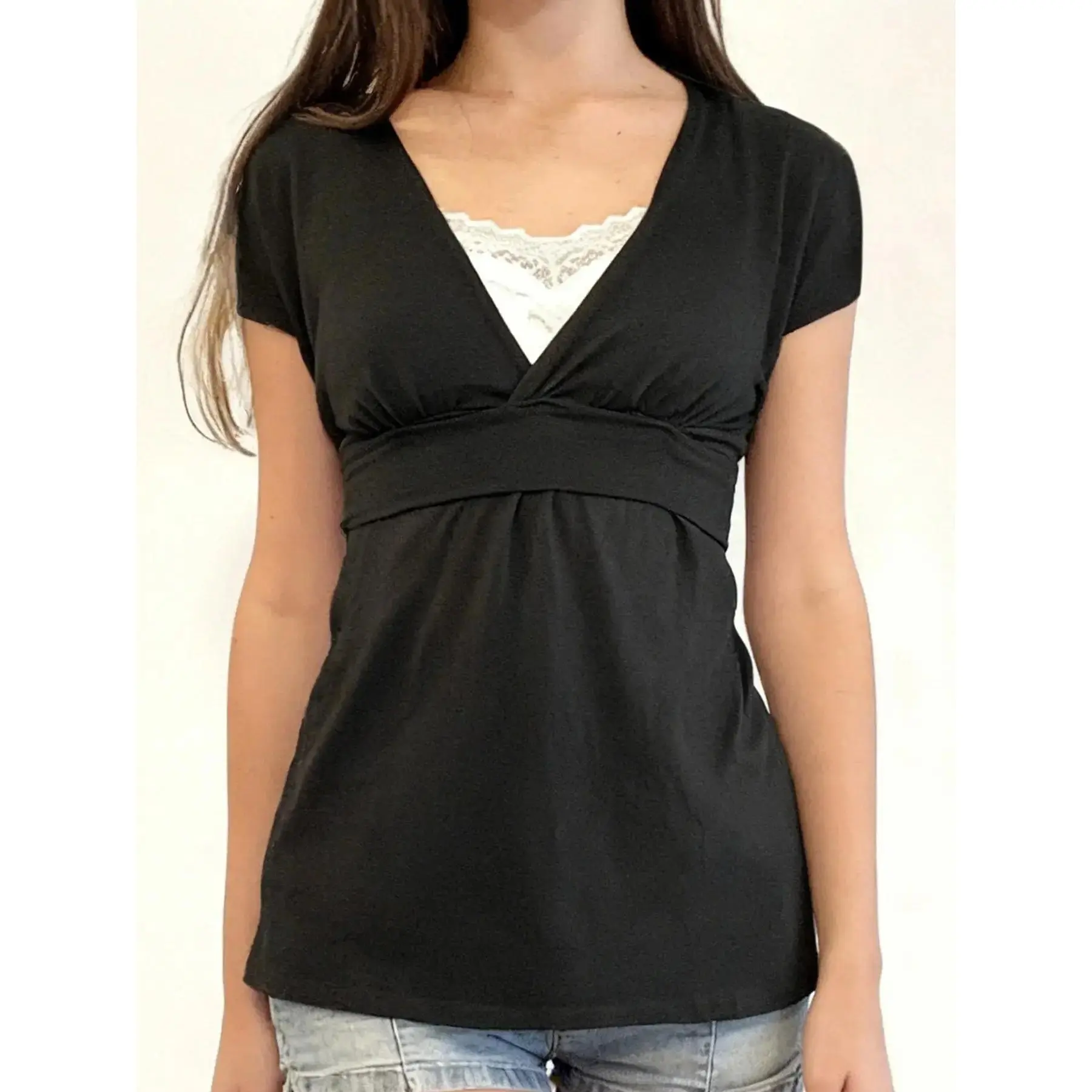 Lace Patchwork Bow V-Neck Fitted T-Shirt Y2K Short Sleeve A-Line Casual Summer Top for Girls, Cute Harajuku Style Basic Tee.