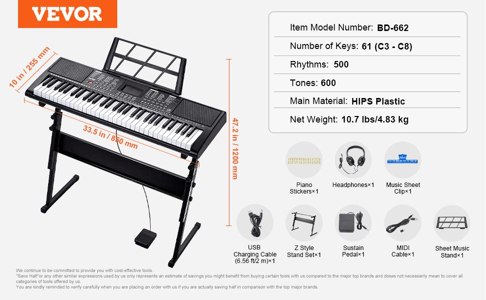 VEVOR 61-Key Digital Keyboard Piano for Beginners, Lighted Keys Portable Electric Piano with Adjustable Stand, 600 Tones, 500 Rhythms, Built-In Speakers, Sustain Pedal, Headphones, USB MIDI for Music Practice, Aa Batteries VEVOR 61-Key Digital Keyboard Piano for Beginners, Lighted Keys Portable Electric Piano with Adjustable Stand, 600 Tones, 500 Rhythms, Built-In Speakers, Sustain Pedal, Headphones, USB MIDI for Music Practice, Aa Batteries