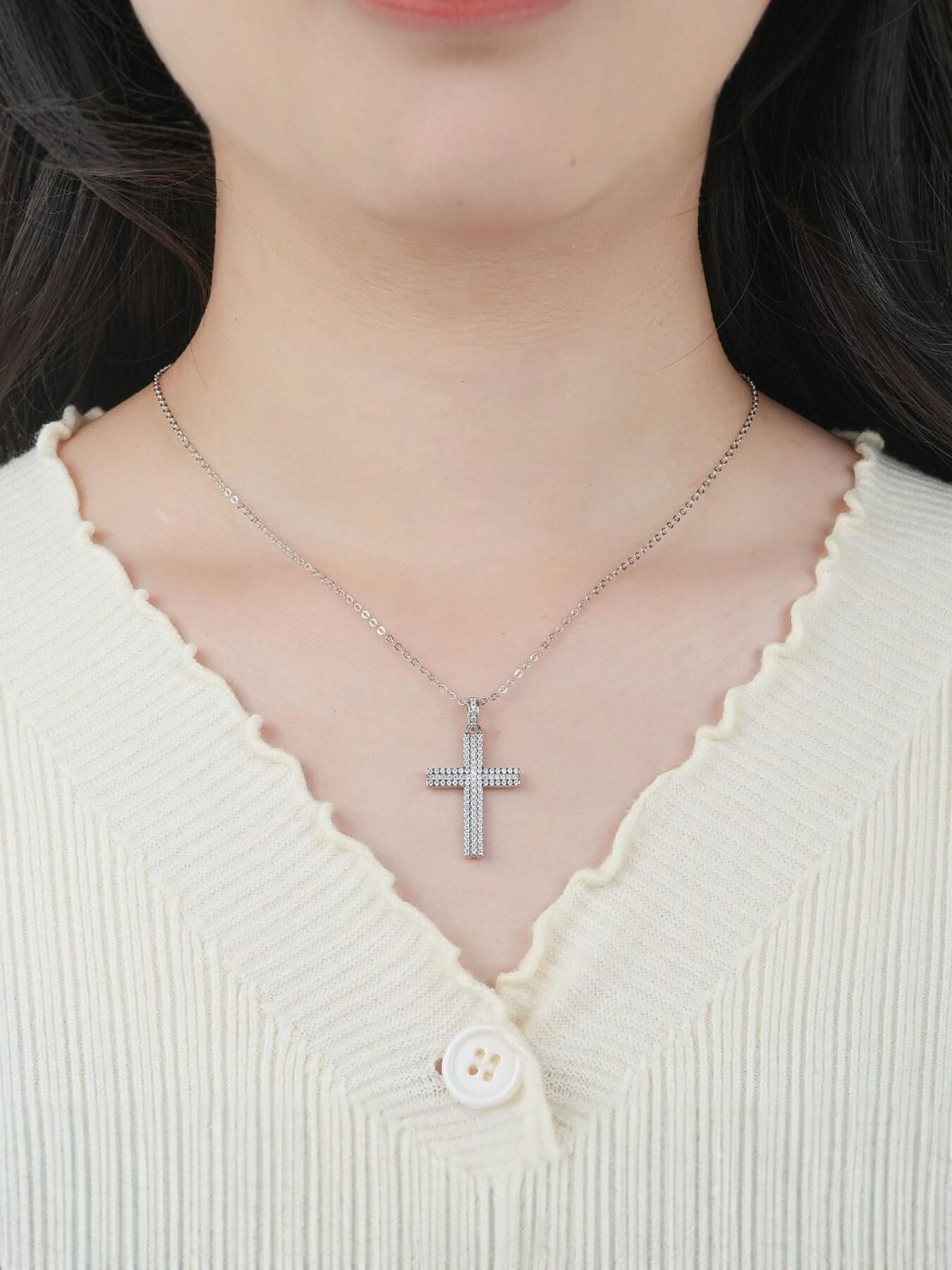 Double row diamond cross necklace, ice cut CZ diamond Christian cross pendant, 14K gold-plated hip-hop men's and women's religious jewelry, baptism confirmation gift