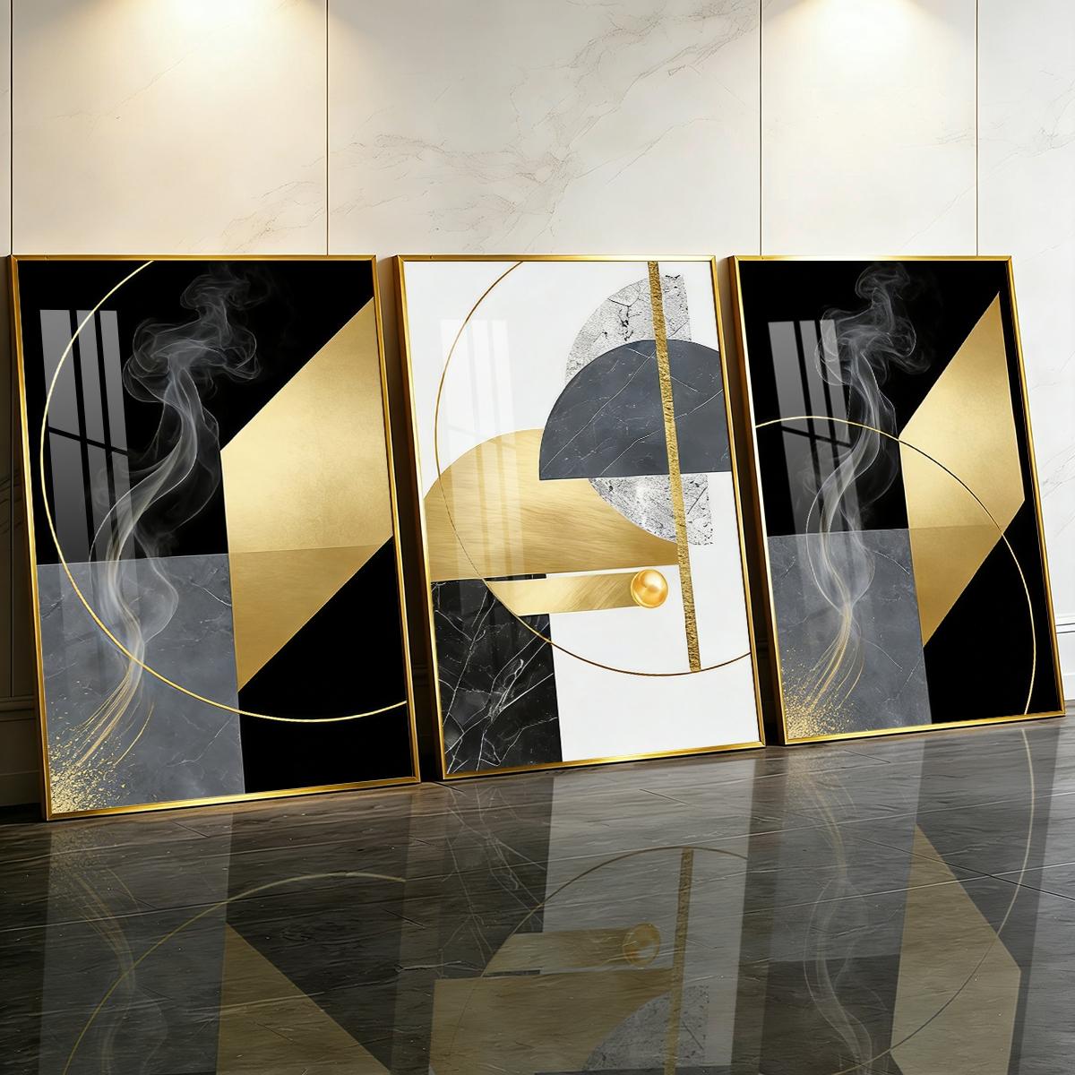 3 Counts Aluminum Alloy Framed Painting, Abstract Geometric Gold And Black Art Pictures, Home Decoration For Living Room, Bedroom, Office, Restaurant, Hallway Wall Decor, Odorless Print Artwork, Luxury Perfect Gift For Friends And Family