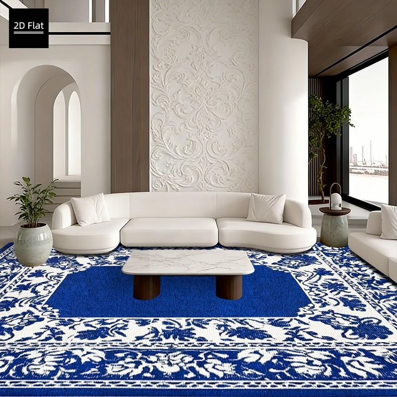 1pc Rectangular Blue Outdoor Rug, Waterproof Sunscreen Non-Slip Back, Velvet Camping RV Patio, Artistic Pattern, Indoor Outdoor Use