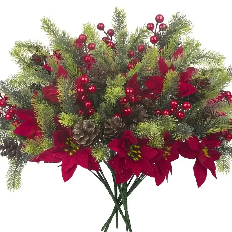 6 Artificial Christmas Tree Branches with Berries & Poinsettias, Durable Plastic Decorations for Home, Desk, Fireplace Mantle