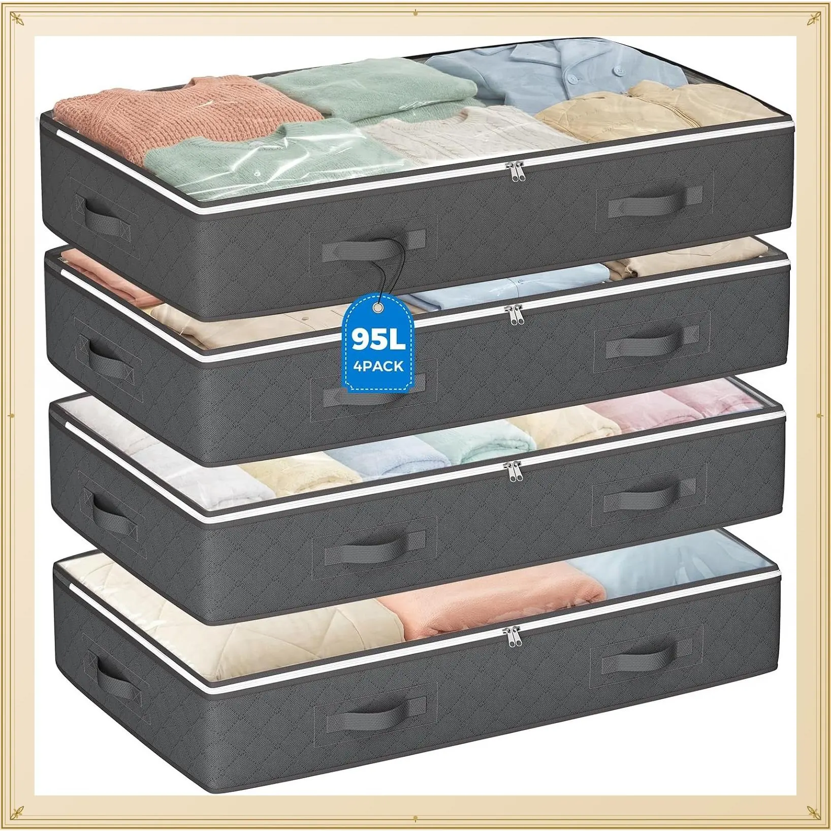 95L Foldable Under Bed Storage Containers, 4 Pack Grey Closet Organizer Bins for Blankets, Linens, Clothing, Comforters, Sweaters, Pillows & Wrapping PaperGift