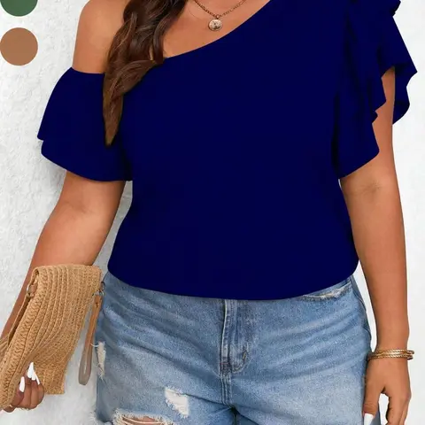 Plus Size Women's T-Shirt, Asymmetrical Shoulder, Ruffle Short Sleeve, Waist-Cropped, Elegant Style, Summer, Casual Daily Wear, Top