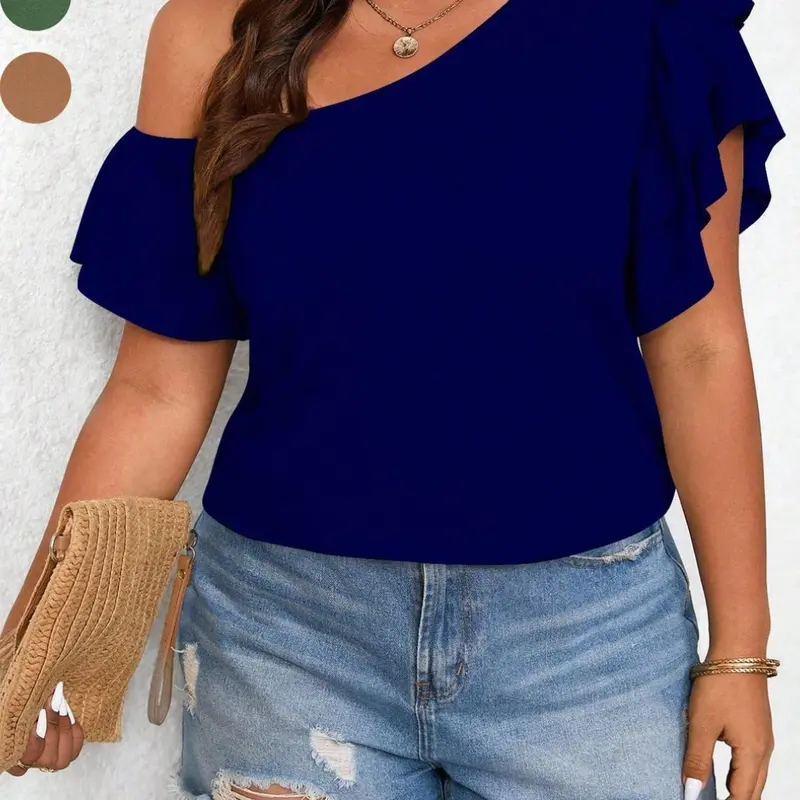 Plus Size Women's T-Shirt, Asymmetrical Shoulder, Ruffle Short Sleeve, Waist-Cropped, Elegant Style, Summer, Casual Daily Wear, Top