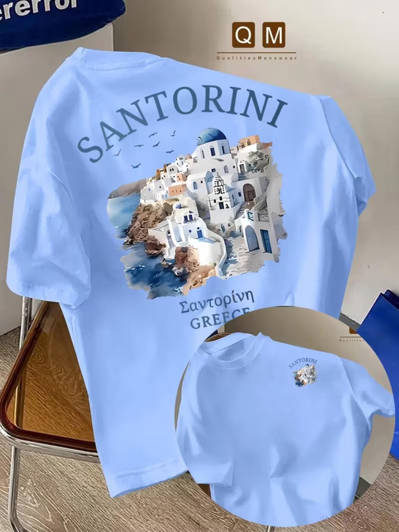 Men's Round Neck Short Sleeve T-Shirt, Greek Santorini Print, Multi-Color Options, Soft and Breathable, Casual Daily Wear