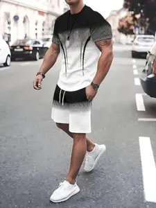 Men's Casual Sportswear Set, Athleisure Street Fit, Breathable Polyester Knit Fabric, Colorblock Gradient Print Short Sleeve T-Shirt & Shorts Combo, Sporty Round Neck, All Seasons Regular Fit, Athleisure Activewear Set