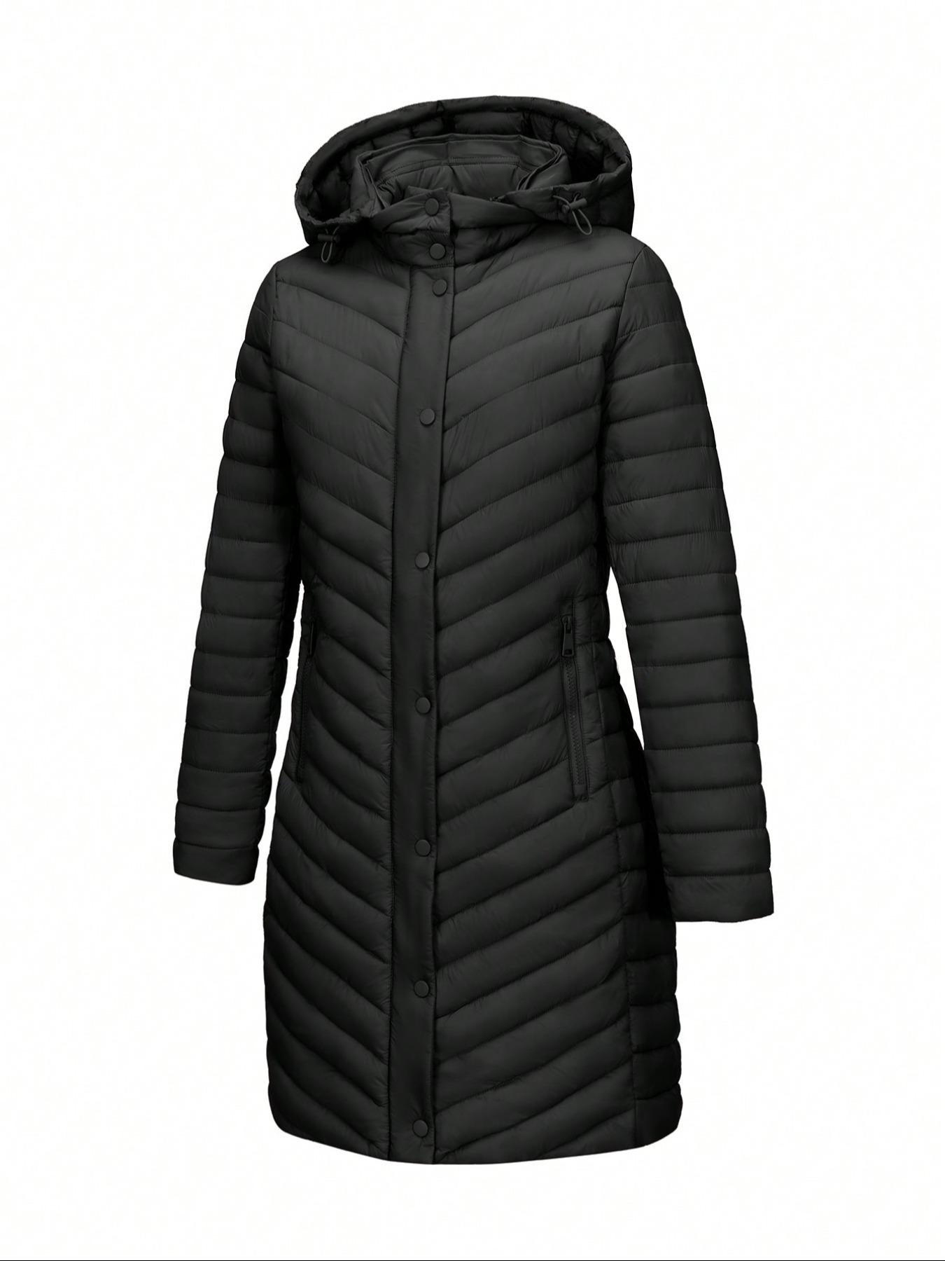 Women's Winter Mid-Length Hooded Casual Cotton Jacket, Simple Style Commuter Lightweight Outerwear for Fall & Winter, Fitted Plain Design