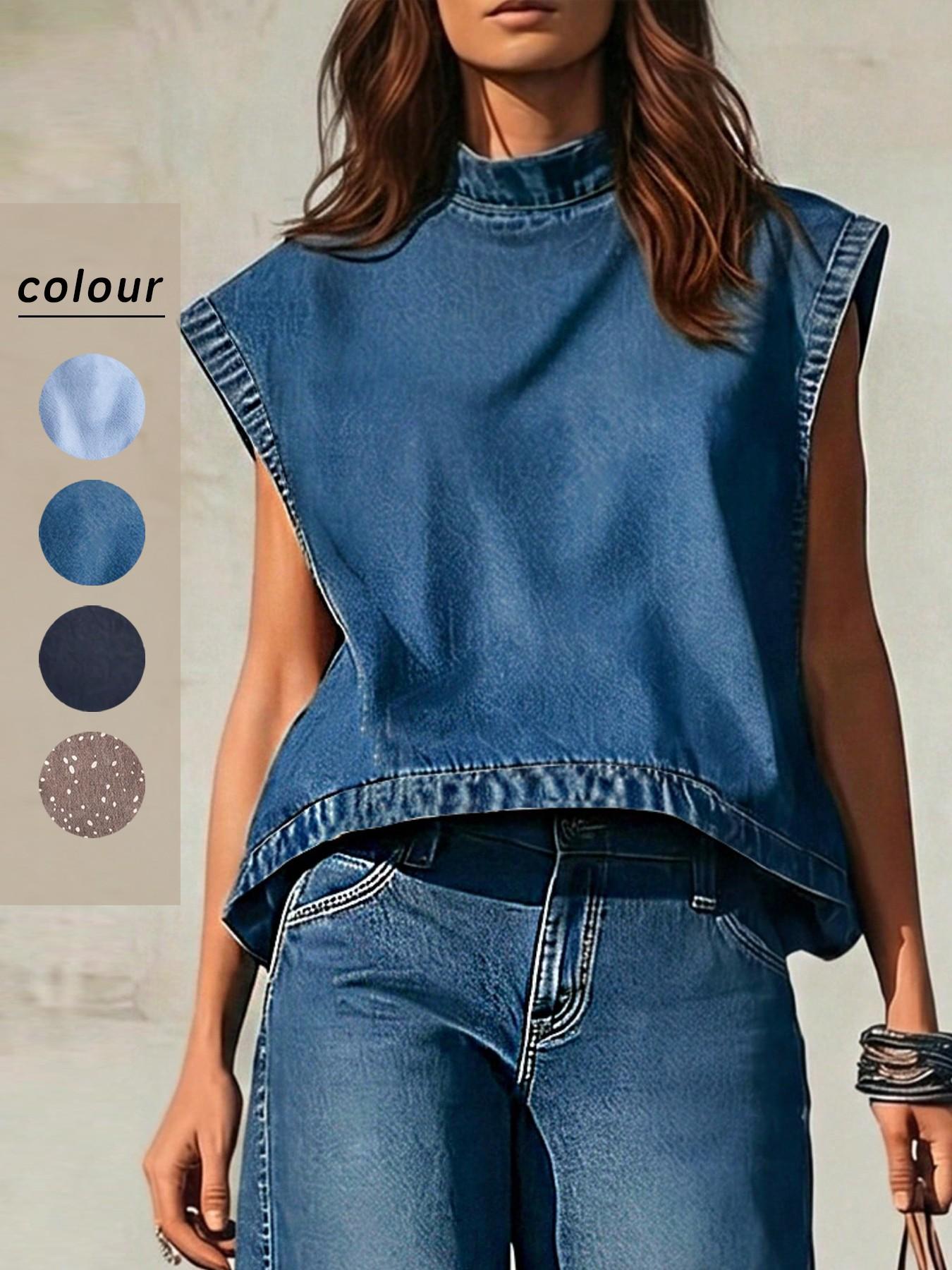 Women's Stand Collar Sleeveless Loose Fit Denim Top, Perfect for Summer Daily Wear, Casual Fashion Shirt