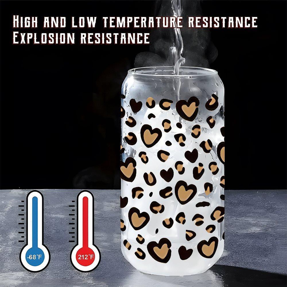 Trendy Heart Leopard Print Glass Tumbler with Lid & Straw, Clear 16oz covered straw glass drinking cup, reusable glass drinking cup, high-quality glass jar design, suitable for iced coffee, beer, juice, milk, cold drink glass cups, fashionable glassware