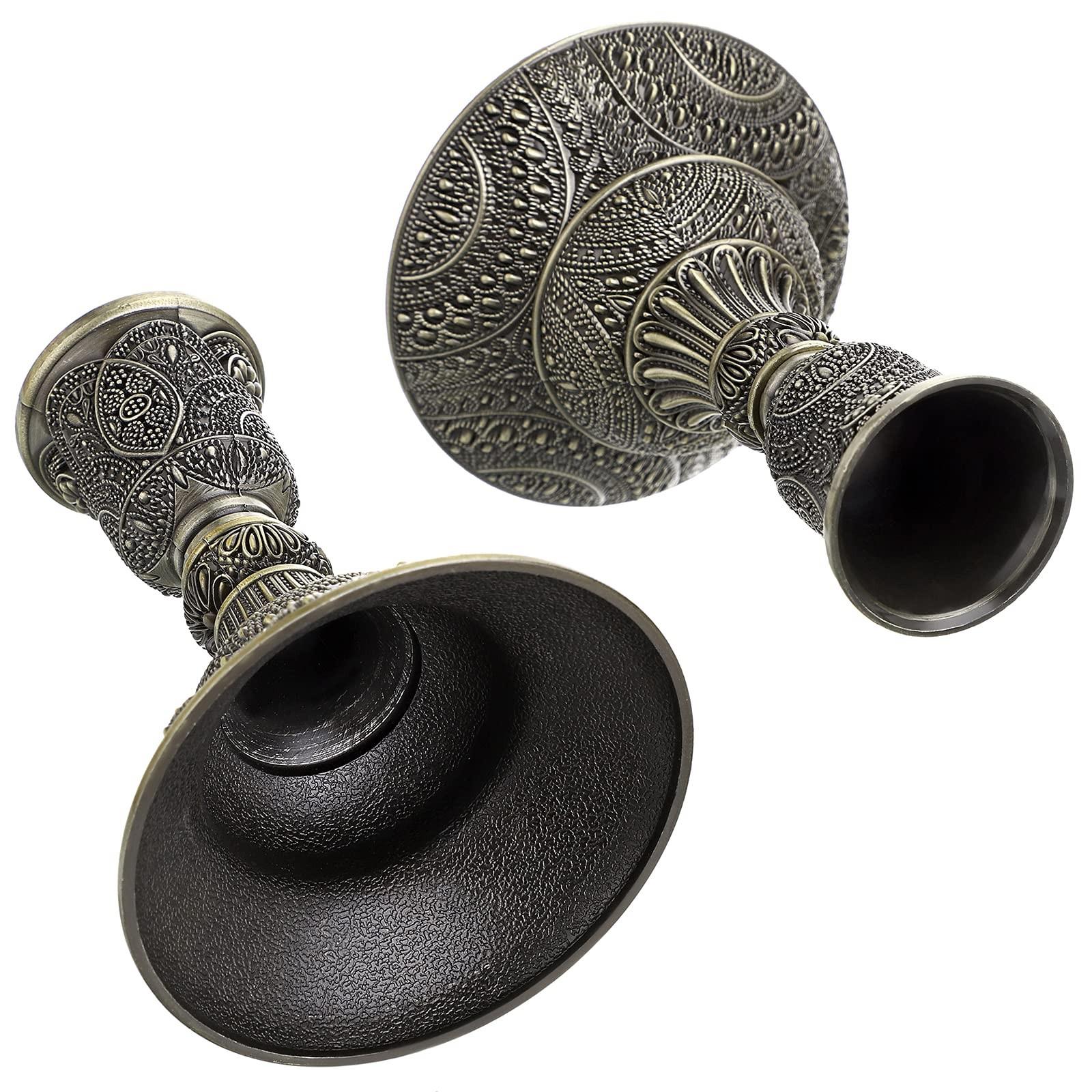 Vintage Bronze Relief Metal Candle Holder Set, 2 Pieces, 3.9 Inches Tall, Intricately Carved, Ideal for Weddings, Formal Dinners, Church, Christmas, Home Decor