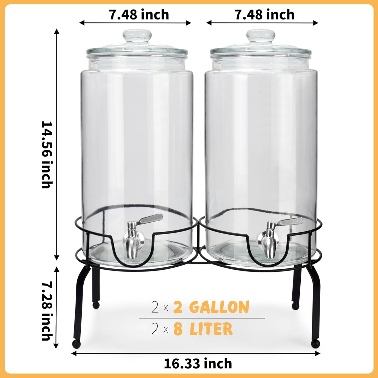2 Gallon Beverage Dispenser 2 Pack, Stainless Steel Spigot Drink Dispenser for Parties with Stand, Clear Glass Drink Container Easy to Refill and Clean