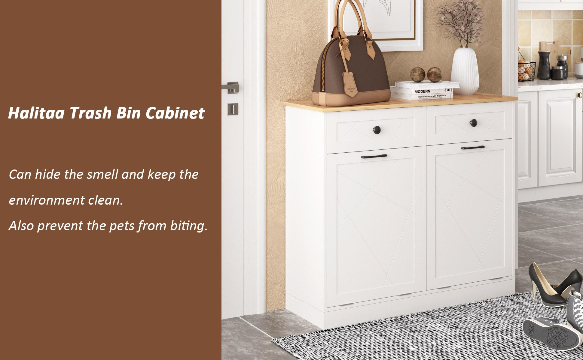 Vabches Trash Cabinet Trash Can, Dog Proof Tilt Out Trash Bin Holder, Free Standing Recycling Cabinet with 2 Drawers for Kitchen Living Room