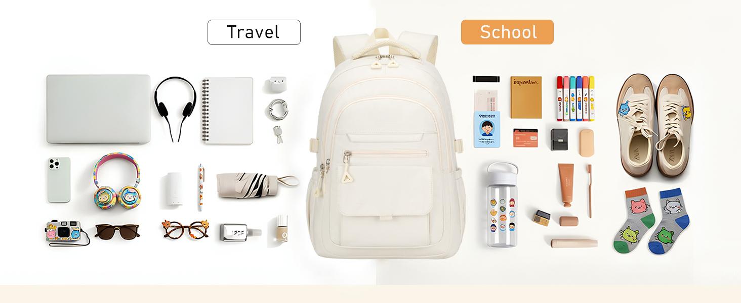 Large School Backpack for Girls, Teens Schoolbag Aesthetic High School Middle School Laptop Backpack College Student Women Bookbag, Beige
