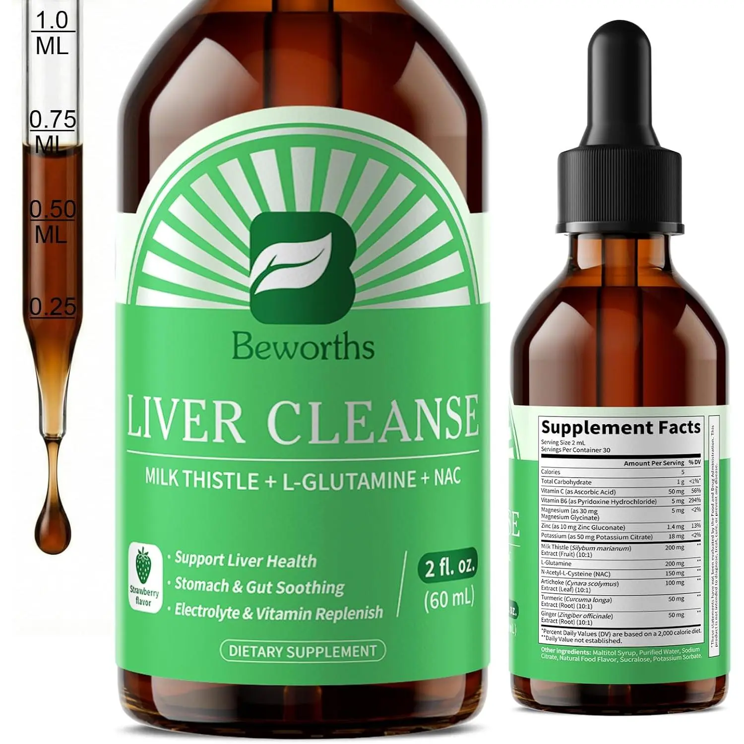 B BEWORTHS Liver Cleanse Detox & Repair - Liver Support Liquid Drops with Milk Thistle, L-Glutamine & NAC, Liver Support, Stomach & Gut Soothing, Electrolyte & Vitamin Replenish, Vegan, 2 Fl Oz