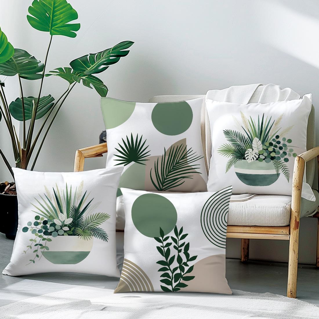 4-Pack Simple Plant Illustration Pillow Covers, Single-Sided Print, Home Decor for Living Room Bedroom, No Insert Included