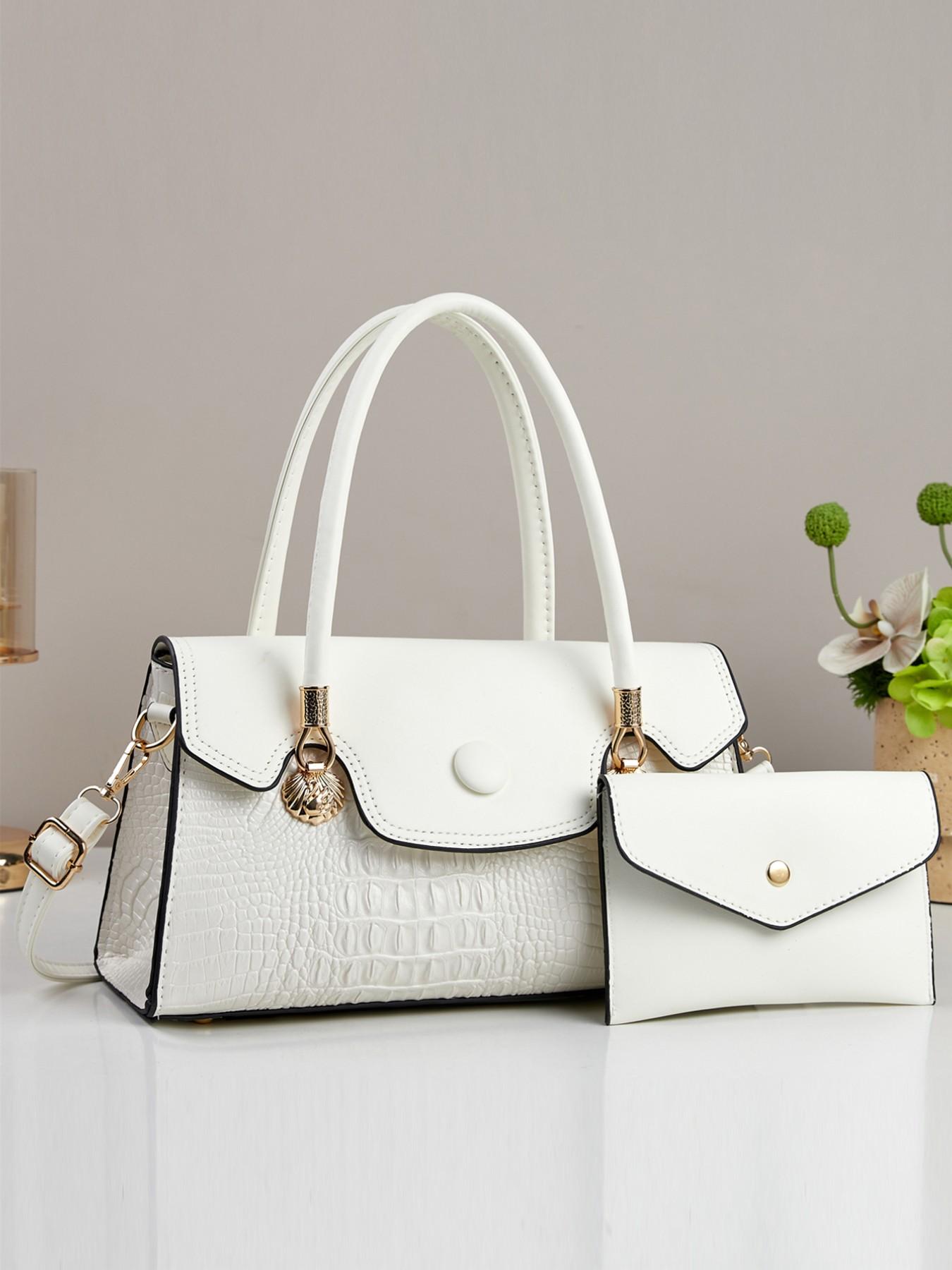 2pcs Women's Glossy Patent Leather Handbag & Clutch Set, Crocodile Pattern, Detachable Strap, Shoulder Crossbody Bag for Work, Travel & Party