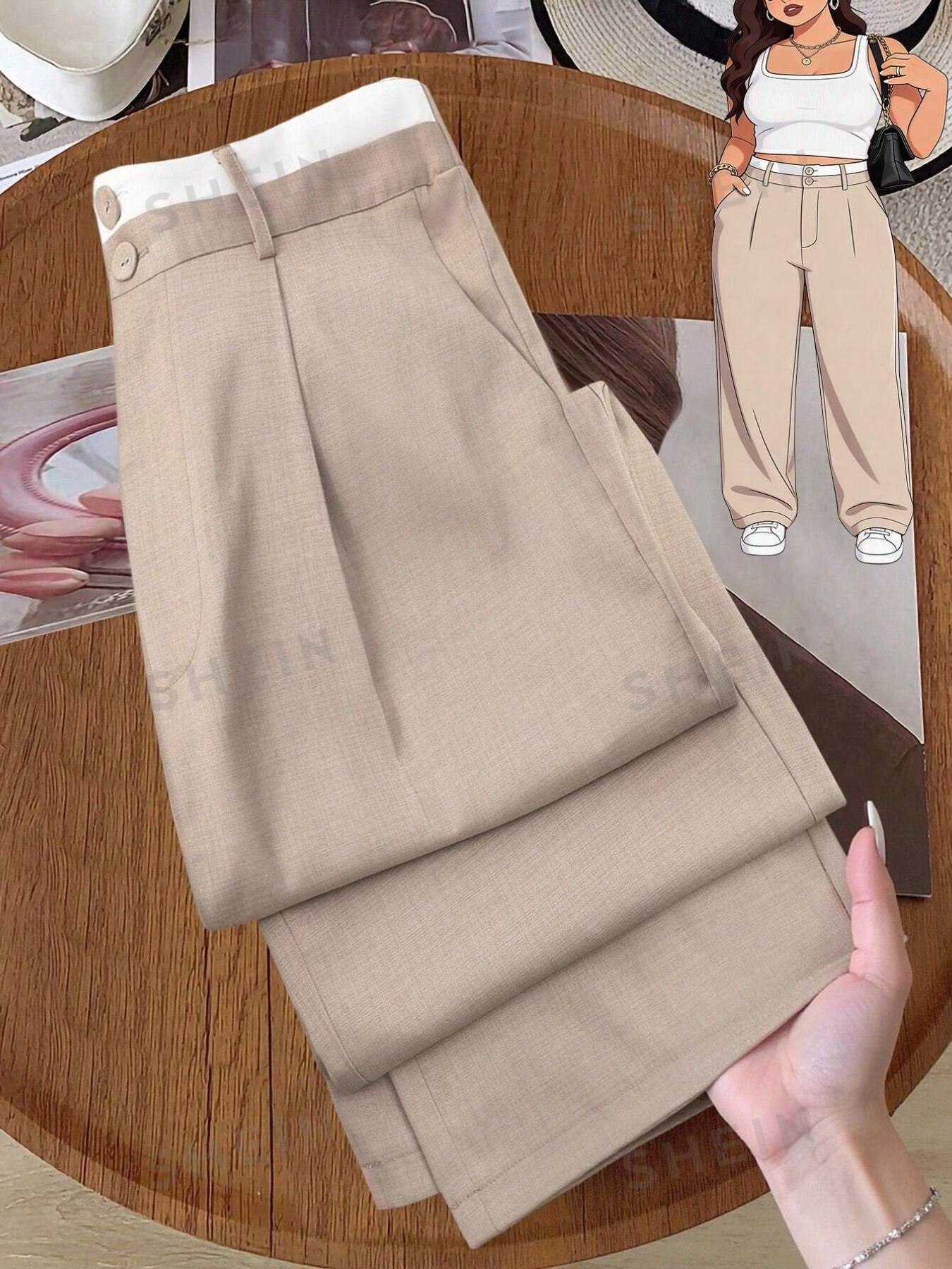 Plus Size High Waist Wide Leg Suit Pants, Women's Elastic Back Waist Front Pleat Pockets, Office Casual Long Pants
