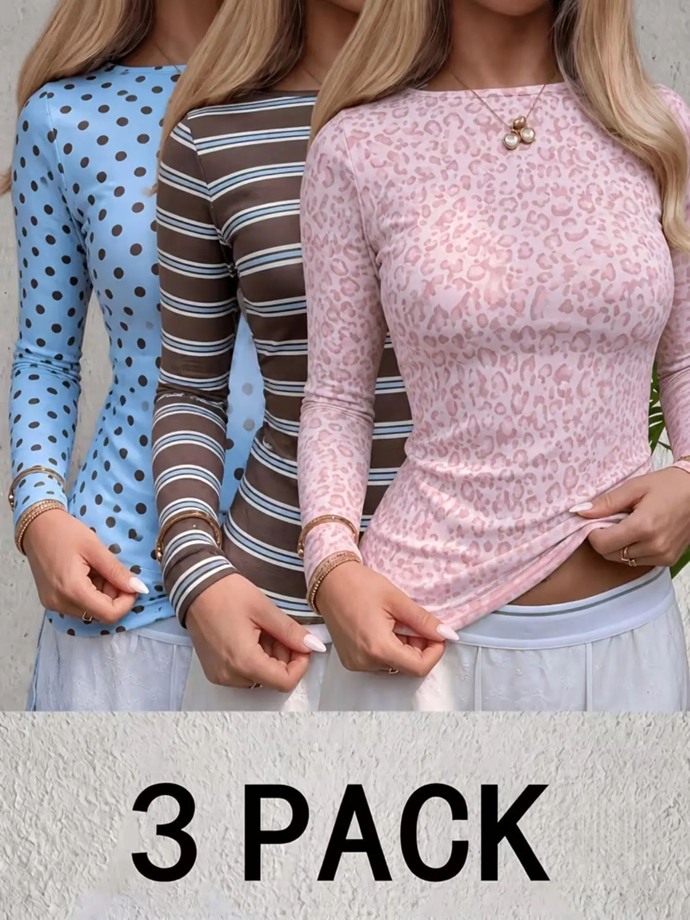 Women's Multi-Color Long Sleeve Fitted Top, Three-Piece Set, Stretch Slim Fit, Daily Wear Inner Shirt, Sporty Geometric Design