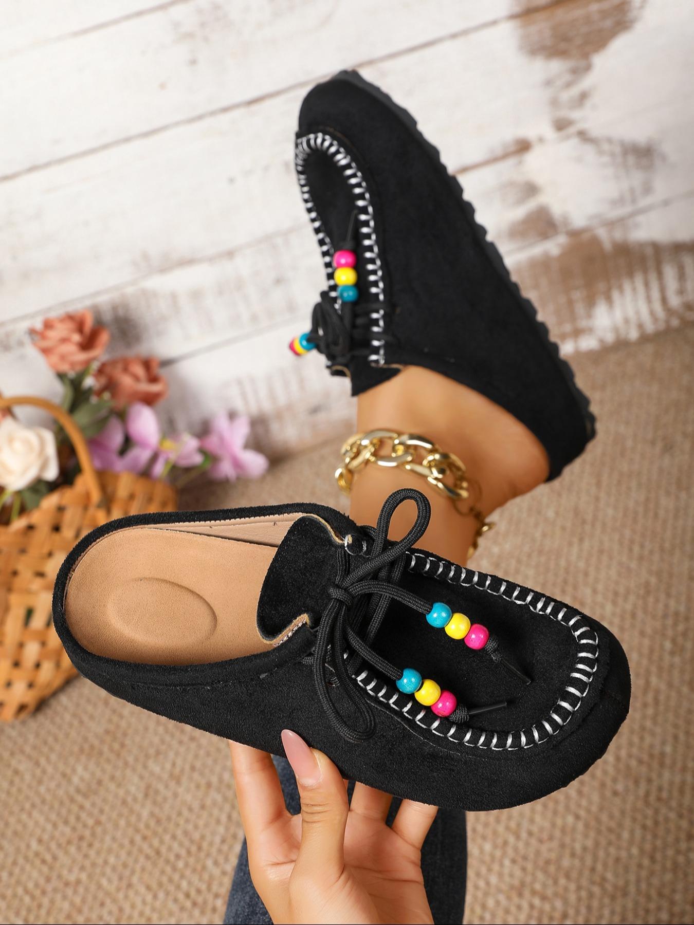 2025 New Women's Round-Toe Cork suede Clog Mules –Boho Beaded Suede Tassel Mules – Women’s Vintage Slip-On Clogs with Arch Support, Soft Cork Sole, and Colorful Beads – Cozy Fall Flats for Walking & Home Foot Clogs