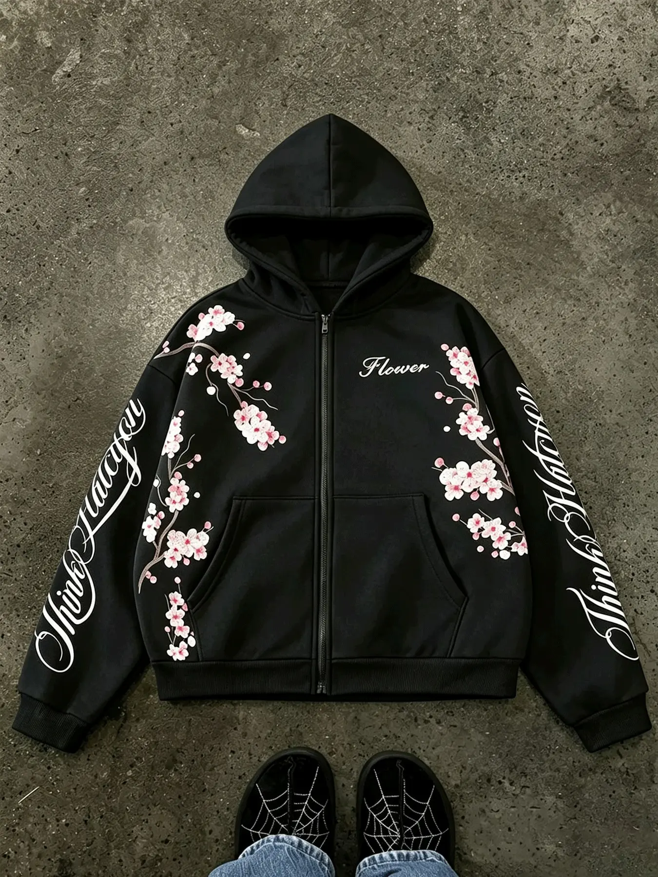Y2K Big Faux Fur Hood Zip Hoodie Men Cherry Blossom Floral Graphic Oversized Cropped Streetwear Casual Fashion Jacket