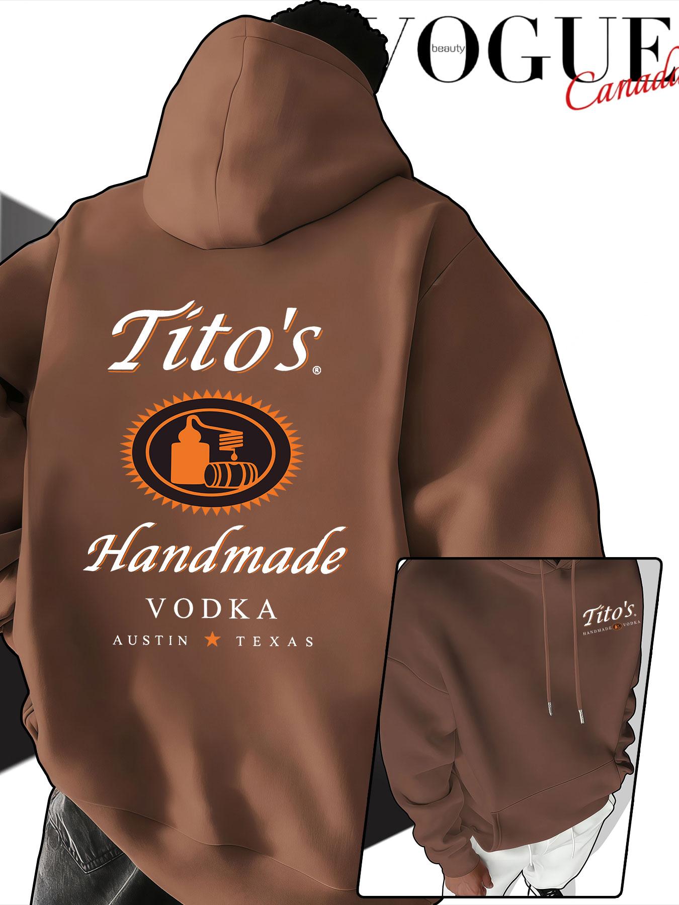 Men's Hooded Sweatshirt Fall & Winter, Tito's Handmade Vodka Print, American Vintage Loose Fit, Couples' Drop Shoulder Pullover