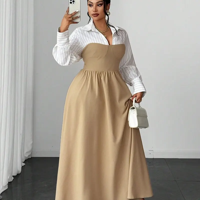 Plus Size Women's Two-Piece Striped Shirt Dress, Lapel Long Sleeve Bustier Waist Cinch A-Line Long Dress, Elegant Office Wear, French Minimalist Aesthetic Style