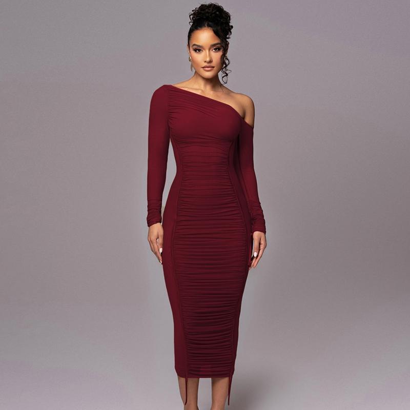 Women's Striped Ruched Asymmetrical Neck Bodycon Stretch Dress, Elegant Long Sleeve Dress for Parties, Clubs and Dates, Women's Clothing for Spring & Fall, Womenswear