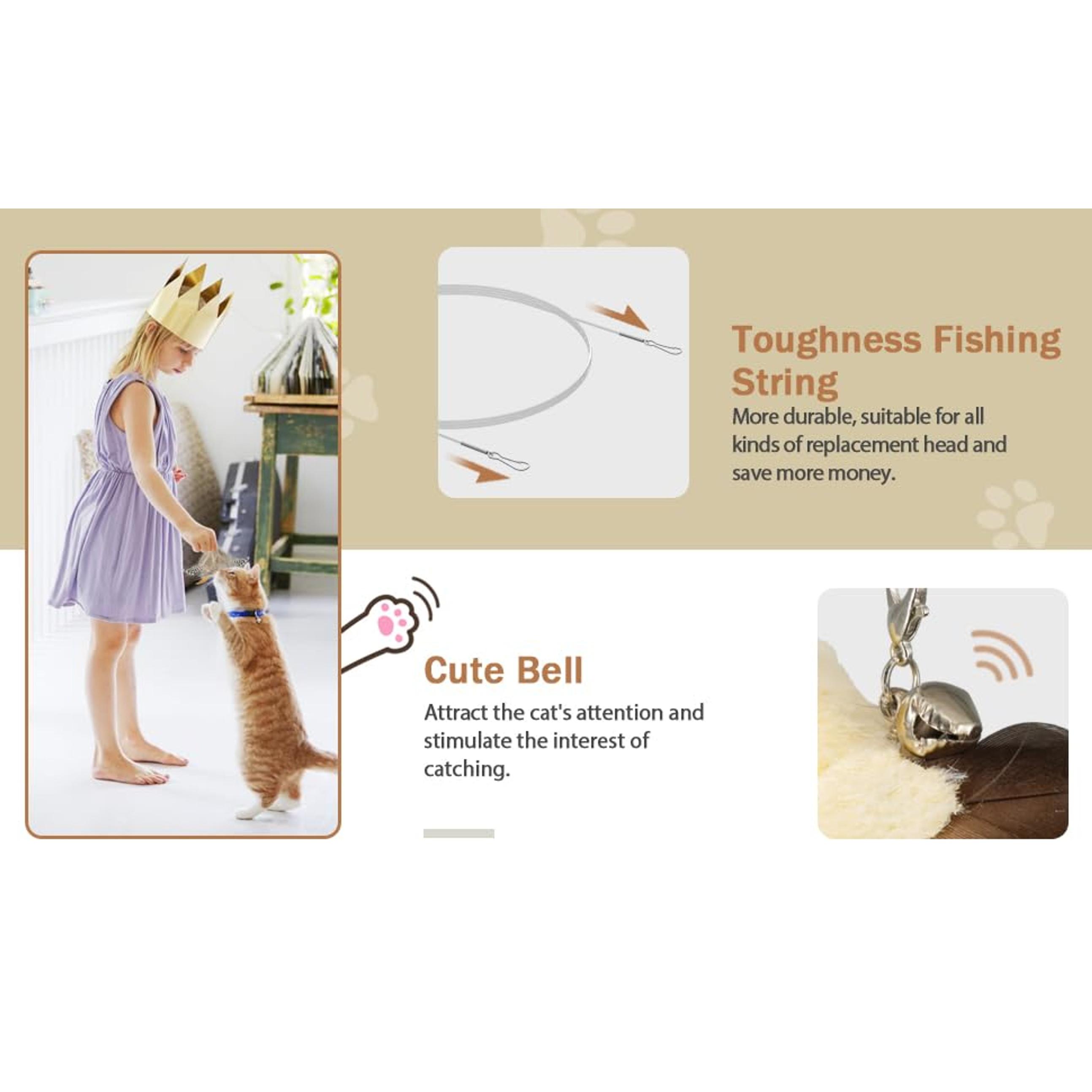Cat Teaser Wand Toys, Interactive Bird Toys for Indoor Kittens, 42.15’’ Long Cat Fishing Pole Toys, 2Pcs Wires and 5Pcs Natural Refills, Sustainable Wooden Handles, Exercising, Playing