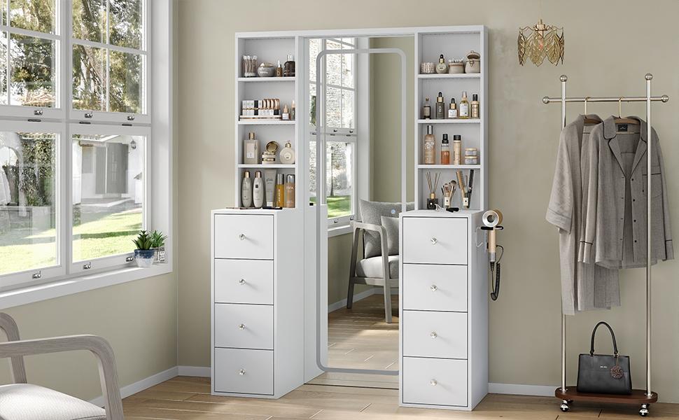 FUSOU Vanity Desk with Full Length LED Mirror, Tall Makeup Vanity with Power Outlet, 3 Color Modes, Brightness Adjustable, 8 Drawers with Shelves Vanity Table for Bedroom