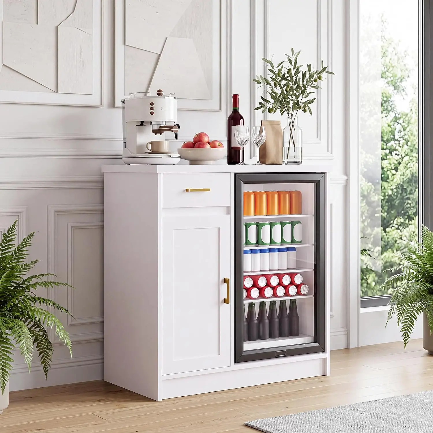 42" Farmhouse Wine Bar Cabinet for 24" Mini Fridge – Coffee Bar Storage with 2 Outlets & 2 USB, 1 Drawer & 1 Door, Scratch/Waterproof Wood, Kitchen