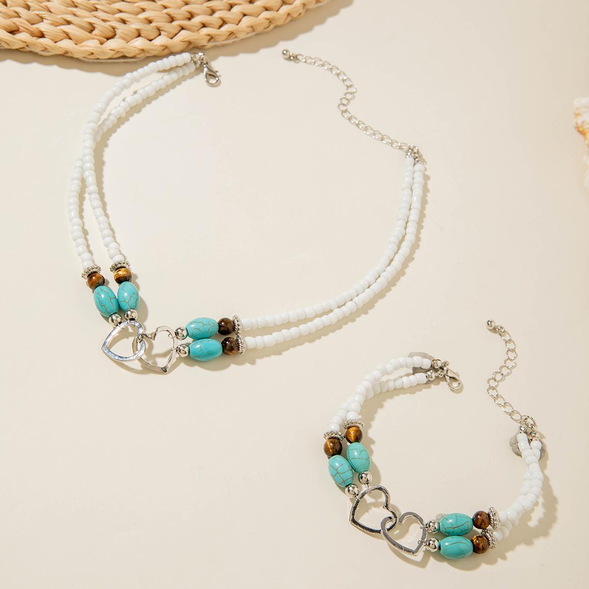 Boho Vacation Style Beaded Turquoise Jewelry Set, Metal Heart Jewelry, Elegant Accessories for Women, Perfect Gift Idea