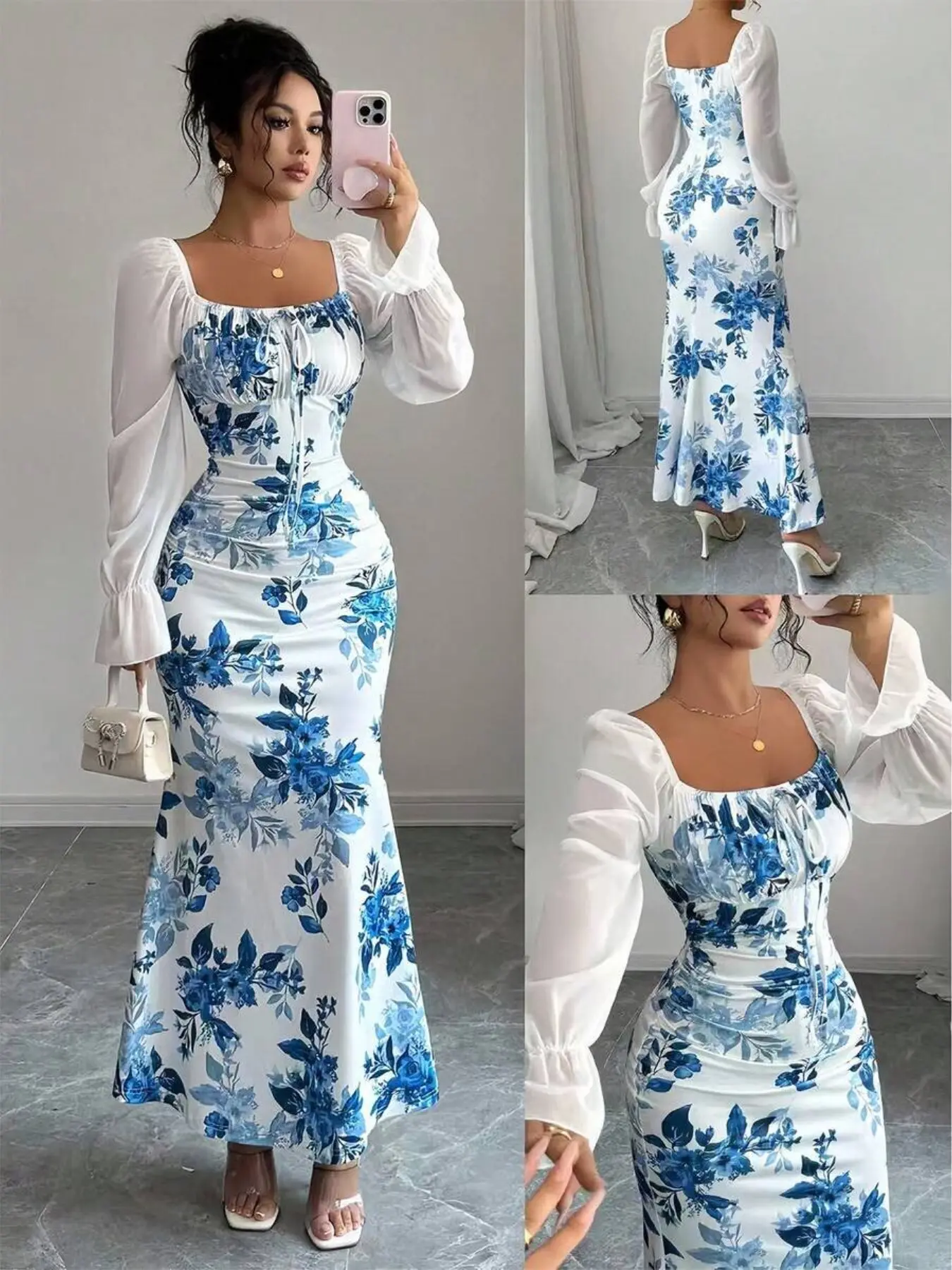 Women's Square Neck Bow Chiffon Dress, Boho, Bubble Sleeve Design, Elegant Slim Fit, Perfect for Dates, Parties, Daily Wear, Spring Summer Fall