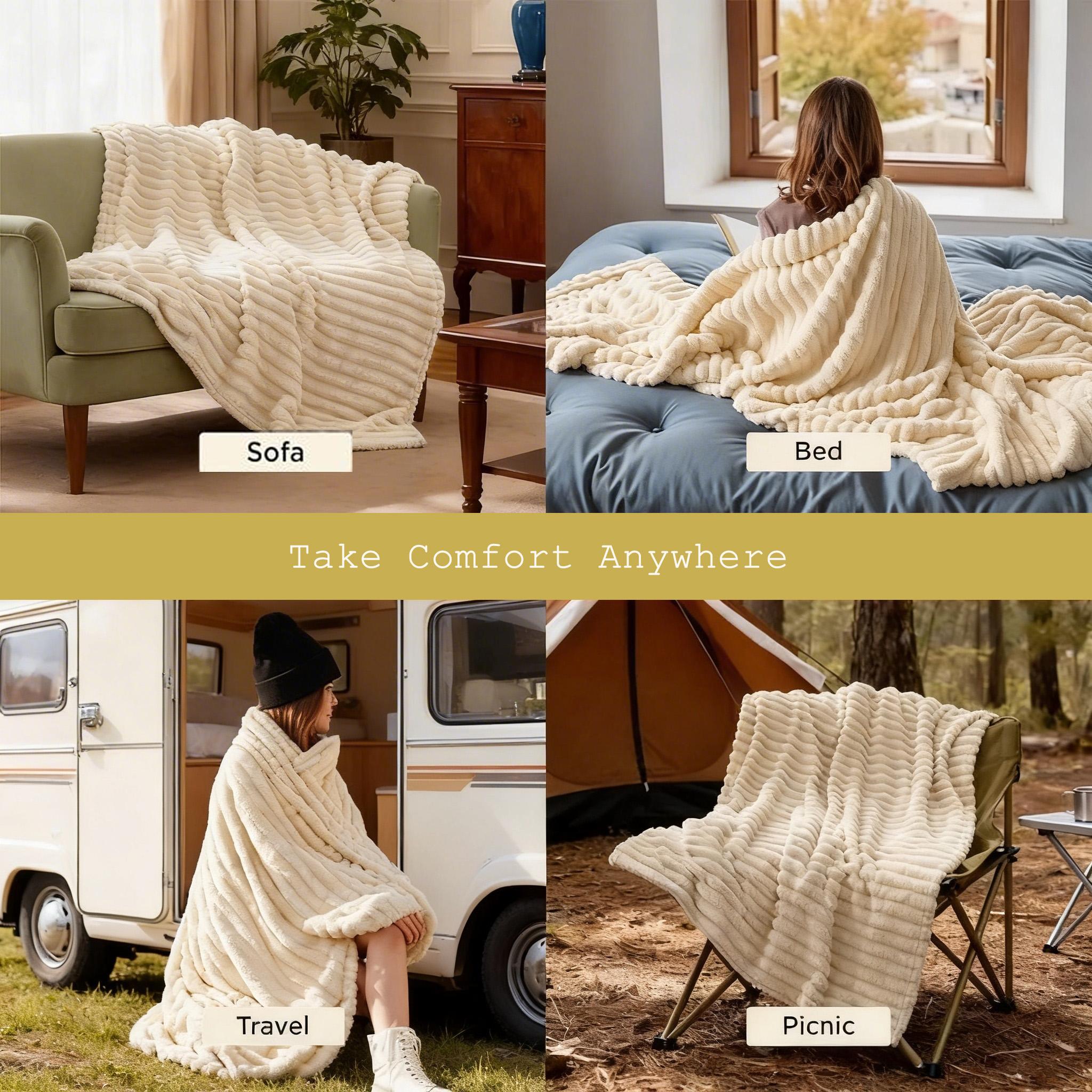 Raybee Cozy Soft Blankets - Faux Rabbit Fur Striped Throw Blanket for Couch, Travel,Office,Courtyard,Home Bedroom Decor Plush Outdoorfun,Flannel Throw Blanket,Perfect Gift Ideal