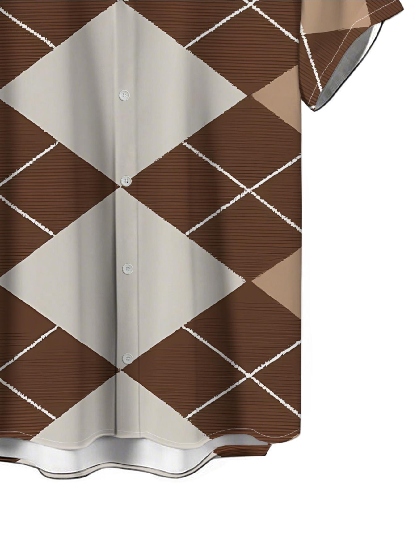 Men's Short-Sleeve Shirt - Flat Digital Print Pattern - No Texture - Diamond Check Pattern in Brown, Beige, and White, Fashionable and Simple Short Sleeve, Buttoned, Casual Collared Shirt, Stylish and Versatile, Suitable for Dates, Beach Vacations, a Perf