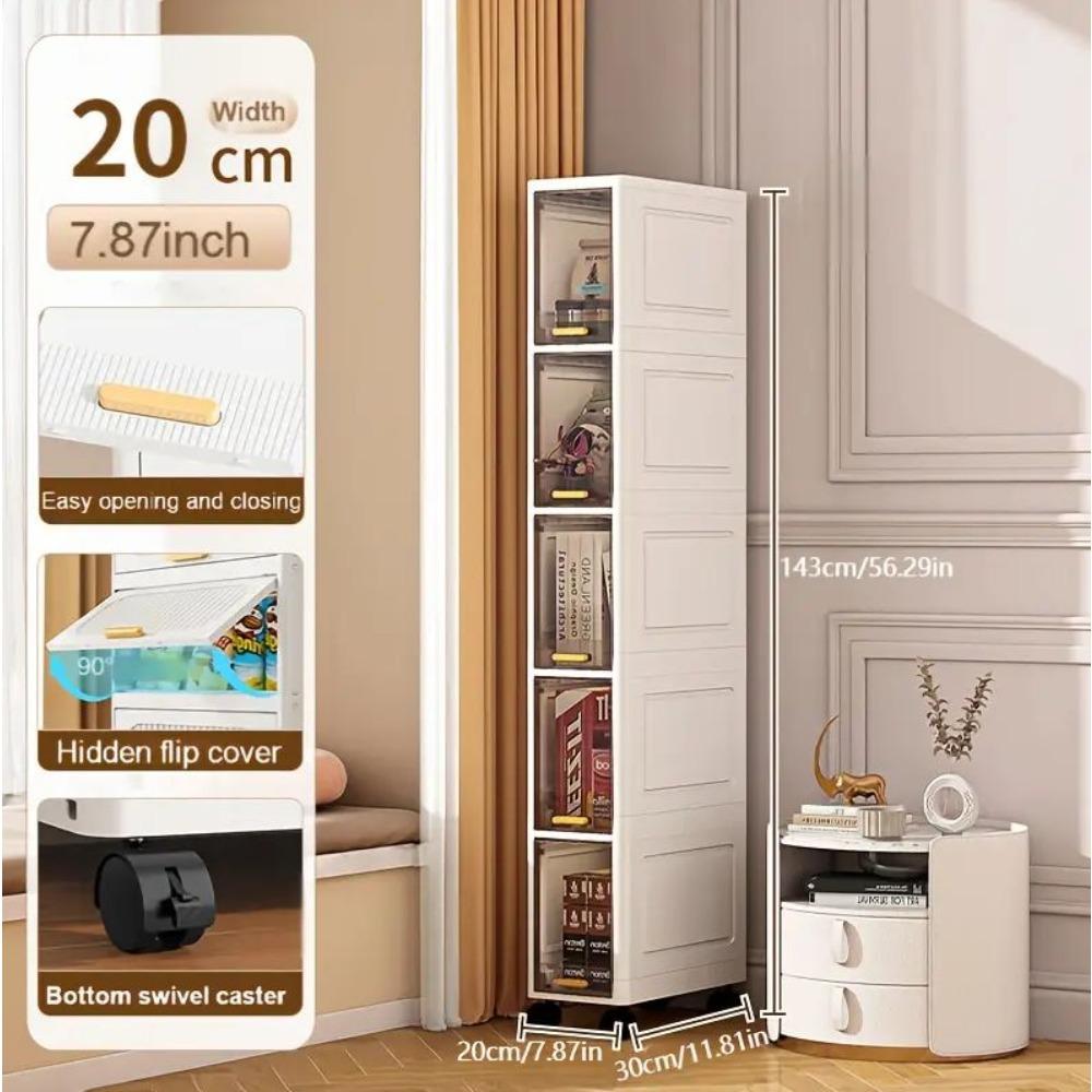 Multi-layer tall and narrow bathroom Modern Storage Cabinet, portable toiletries storage cabinet with wheels, space-saving stackable storage containers, flip-top transparent cabinet door design, narrow storage unit, for small spaces